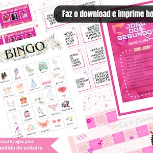 May include: A pink and white printable bingo card with images of wedding-related items, such as a wedding dress, shoes, and a ring. The card is titled "Bingo" and "Despedida de Solteira".