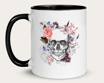 Floral Skull Sublimation Mug | microwave safe mug| Sublimation Mug  | Black Halloween Mug | skull mug | Dishwasher safe mug
