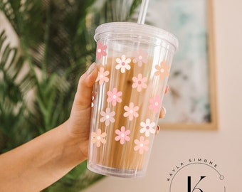 BOHO FLOWER Trendy Acrylic Tumbler | 16oz Cold Cup | Clear Acrylic Tumbler | Aesthetic Tumbler | tumbler with lid and straw