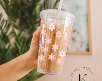 BOHO FLOWER Gobelet en acrylique tendance | Tasse froide de 16 oz | Gobelet en acrylique transparent | Gobelet esthétique | gobelet avec couvercle et paille