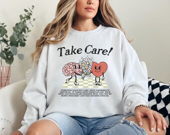 Take Care Ästhetischer Rundhalspullover | Bewusstsein für psychische Gesundheit | Self Love Club Hoodie | Ästhetischer Hoodie | Retro Ästhetischer Hoodie