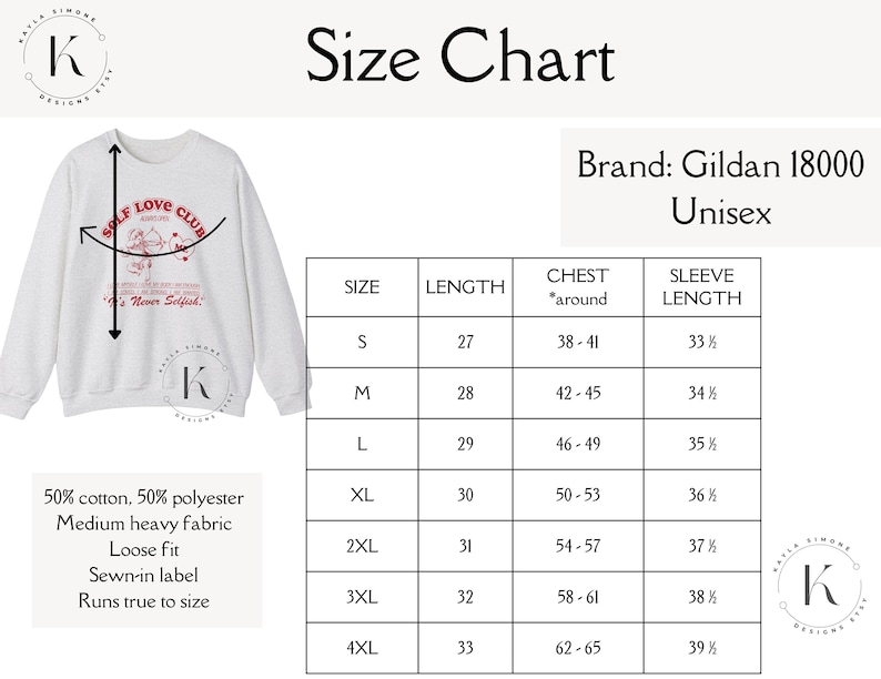 K&ouml;nnte beinhalten: Gr&ouml;&szlig;entabelle f&uuml;r ein Unisex-Sweatshirt aus 50 % Baumwolle und 50 % Polyester. Die Tabelle zeigt die Gr&ouml;&szlig;e, L&auml;nge, Brustweite und &Auml;rmell&auml;nge in Zoll. Das Sweatshirt hat eine lockere Passform und wird als "mittelstarkes Gewebe" beschrieben.