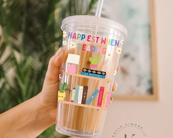 Bookish Acrylic Tumbler Bookish gift Birthday gift for her Bookish home decor Bookish merch happiest when reading 16 oz tumbler