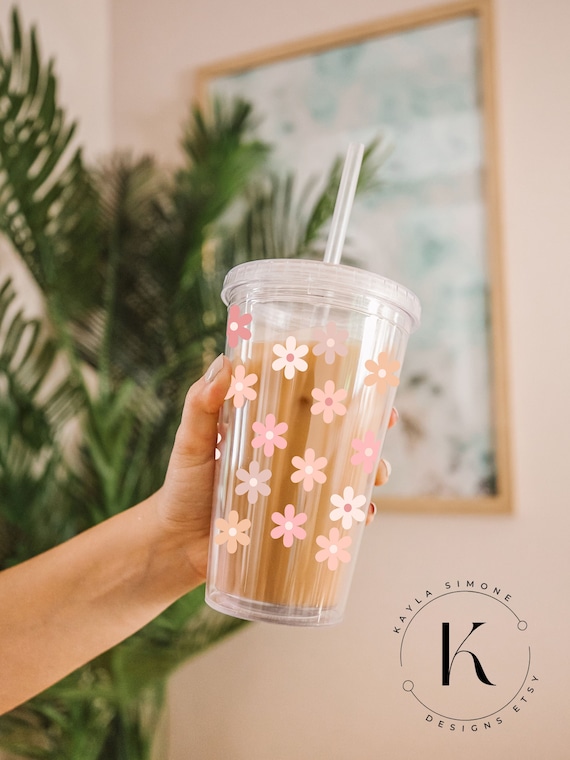BOHO FLOWER Trendy Acrylic Tumbler 16oz Cold Cup Clear Acrylic Tumbler Aesthetic Tumbler Tumbler With Lid and Straw Etsy UK