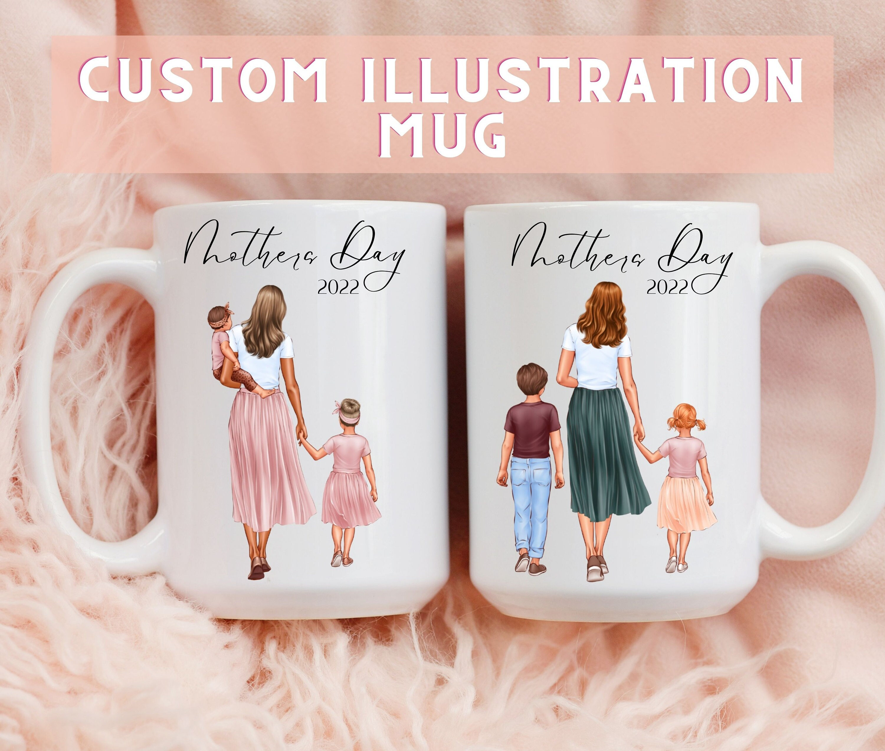 Personalized Mother's Day Portrait Mug|Custom illustration with flowers and kids names|Mom and kids portrait | Mothers day gifts|
