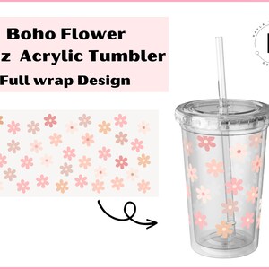May include: A 16oz clear acrylic tumbler with a full wrap design featuring a pink and peach floral pattern. The tumbler has a lid and a straw.