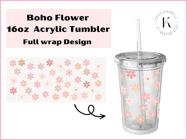 May include: A 16oz clear acrylic tumbler with a full wrap design featuring a pink and peach floral pattern. The tumbler has a lid and a straw.