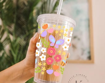 Floral Aesthetic Acrylic Tumbler butterfly cup | spring tumbler  16oz Tumbler with straw and lid