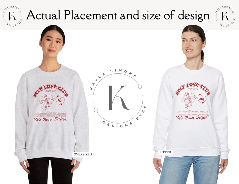 K&ouml;nnte beinhalten: Zwei wei&szlig;e Sweatshirts mit einem roten Grafikdesign, auf dem "Self Love Club" mit einem Amor und einem Herzen steht. Der Pullover links ist &uuml;berdimensioniert und der Pullover rechts ist figurbetont.
