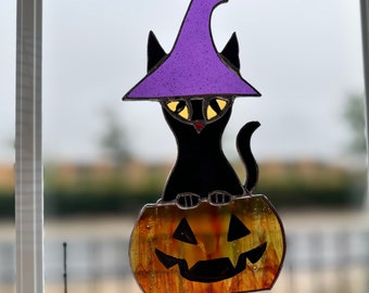 Handmade "Spooky Cat" stained glass suncatcher