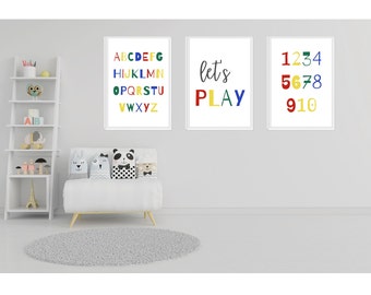 Playroom Wall Art 7 PRINTABLES Primaires, Let's Play, Let's Read, Let's Dream, Let's Learn, Alphabet Poster, Numbers Poster, Be Kind