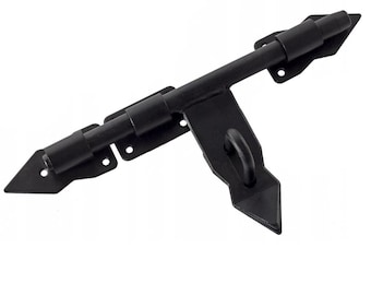 May include: Black metal gate latch with a hook and a long handle. The latch is designed to be mounted on a gate or door.