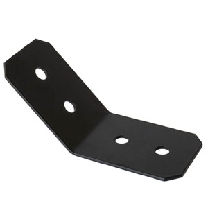 May include: Black metal corner brace with three holes. The brace is angled at 90 degrees.