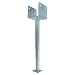 May include: A silver metal post with a U-shaped top and a square base. The post is designed for supporting decks or other structures.