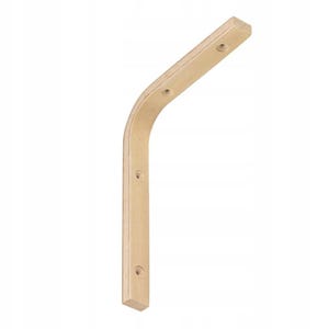 Puede incluir: Un soporte de estante de madera clara con un diseño curvo. El soporte tiene cuatro agujeros para tornillos para montaje.