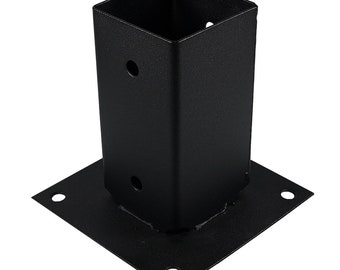 May include: Black metal post base with a square post and a square base plate. The base plate has four holes for mounting.