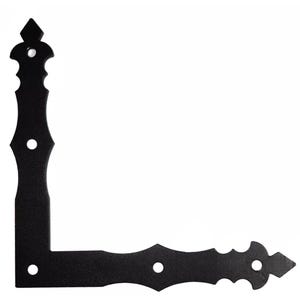 May include: Black metal corner brace with a decorative, ornate design. The brace has three holes for attaching to a surface.
