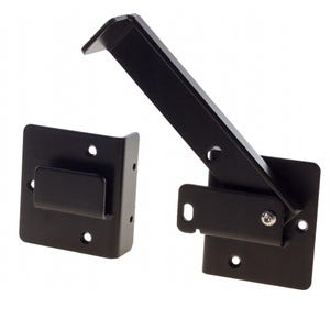 May include: Black metal gate latch with a hinged arm and two mounting plates. The latch is rectangular in shape and is designed to secure a gate.