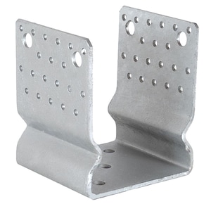 May include: A galvanized steel post base with a U-shaped design. The base features multiple pre-drilled holes for secure attachment. The metal has a silver finish and is designed for structural support in construction projects.