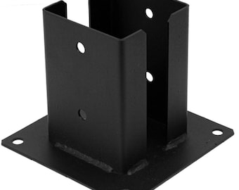 May include: Black metal post support with a square base and a rectangular opening for a post. The support has four holes for mounting.