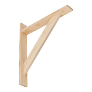 May include: A natural wood shelf bracket with a triangular design. The bracket is made of unfinished wood and is ready to be stained or painted.