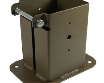 May include: A brown metal post support with an adjustable height. The support has a square base and a rectangular post holder. The post holder is adjustable with a bolt and nut.