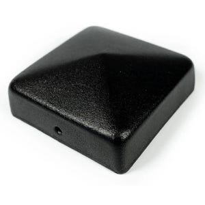 May include: Black square plastic fence post cap with a pyramid-shaped top.
