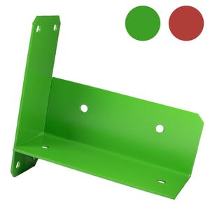 May include: A green metal corner brace with four holes for mounting. The brace is L-shaped and has a flat surface.