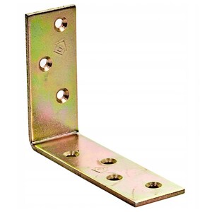 May include: A gold metal corner brace with six holes for screws. The brace is designed to join two pieces of wood at a 90-degree angle.