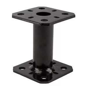 May include: Black metal square base with a round hole in the centre and a tall cylindrical post. The base has multiple holes around the edges.