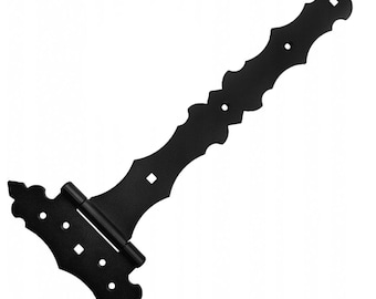 May include: Black metal hinge with a decorative, ornate design. The hinge is made of two pieces that are joined together with a pin. The hinge is designed to be used on doors or gates.