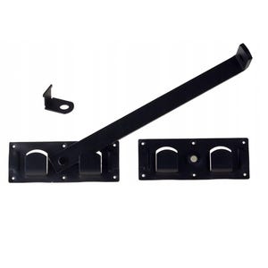 May include: Black metal door gate latch with a long arm and two mounting plates. The latch has a hook and a slot for securing the gate.