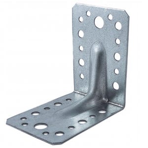 May include: Silver metal corner brace with multiple holes for screws. The brace is designed to reinforce and support joints in wood construction projects.