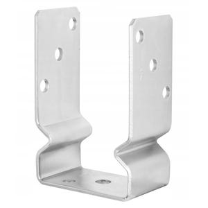 May include: Silver metal post support bracket with four holes for attaching to a post. The bracket has a U-shape and is designed to support a beam or joist.