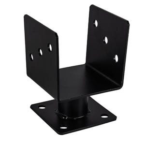 May include: A black metal post base with a square base and a U-shaped top. The base has four holes for mounting, and the U-shaped top has three holes on each side. The post base is designed to support a wooden post.