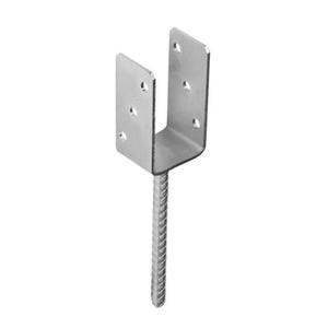 May include: A silver metal post anchor with a threaded rod. The anchor has a U-shaped top with holes for attaching a post.