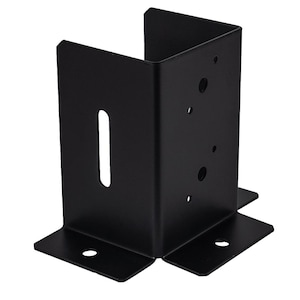 May include: Black metal post bracket with multiple holes for attaching a fence post. The bracket has a rectangular shape with a slot in the centre for securing the post.