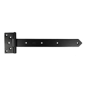 May include: Black metal gate hinge with a square plate and a long arm with four holes. The hinge is designed for heavy-duty use.