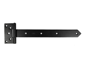 May include: Black metal gate hinge with a square plate and a long arm with four holes. The hinge is designed for heavy-duty use.
