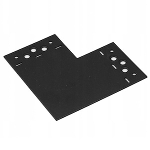 May include: A black, L-shaped piece of material with several small, evenly spaced holes and slots. The material appears to be a rigid, matte surface, possibly plastic or a similar composite.