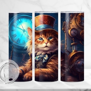 Steampunk Cat Tumbler Wrap, Sublimation Design, 20oz Skinny Tumbler Sublimation Design, Cat wrap,  Instant Download, digital download