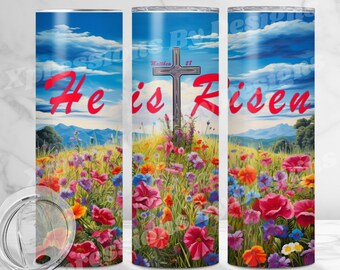 Easter Tumbler PNG Sublimation Tumbler He is Risen PNG Floral Cross 20 Oz Straight Skinny Faith Tumbler Wrap PNG Matthew 28 Bible Verse