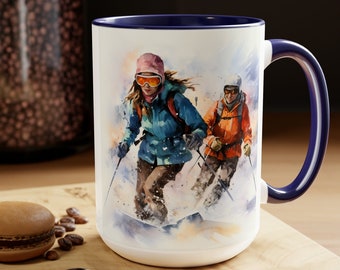 Schneeskilaufen Tasse, 11 & 15 Unzen zweifarbige Tasse, Wintersport Heißgetränk, Bergabenteuer Geschenk