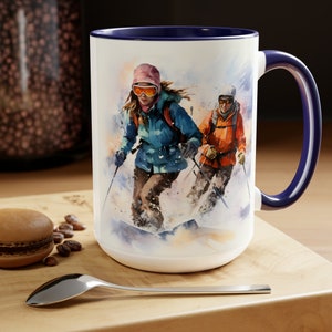 Snow Skiing Mug, 11 & 15 oz Two Tone Cup, Winter Sports Hot Drink, Mountain Adventure Gift
