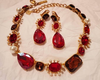 Oscar de la Renta Crystal necklace and earrings set red