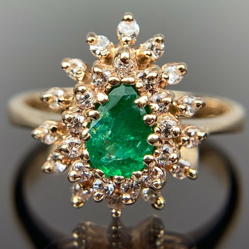 14k Diamond Emerald Double Halo Yellow Gold Ring Size 6 - Etsy