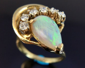 14k Opal & Diamond Modernist Yellow Gold Ring Size 3.5
