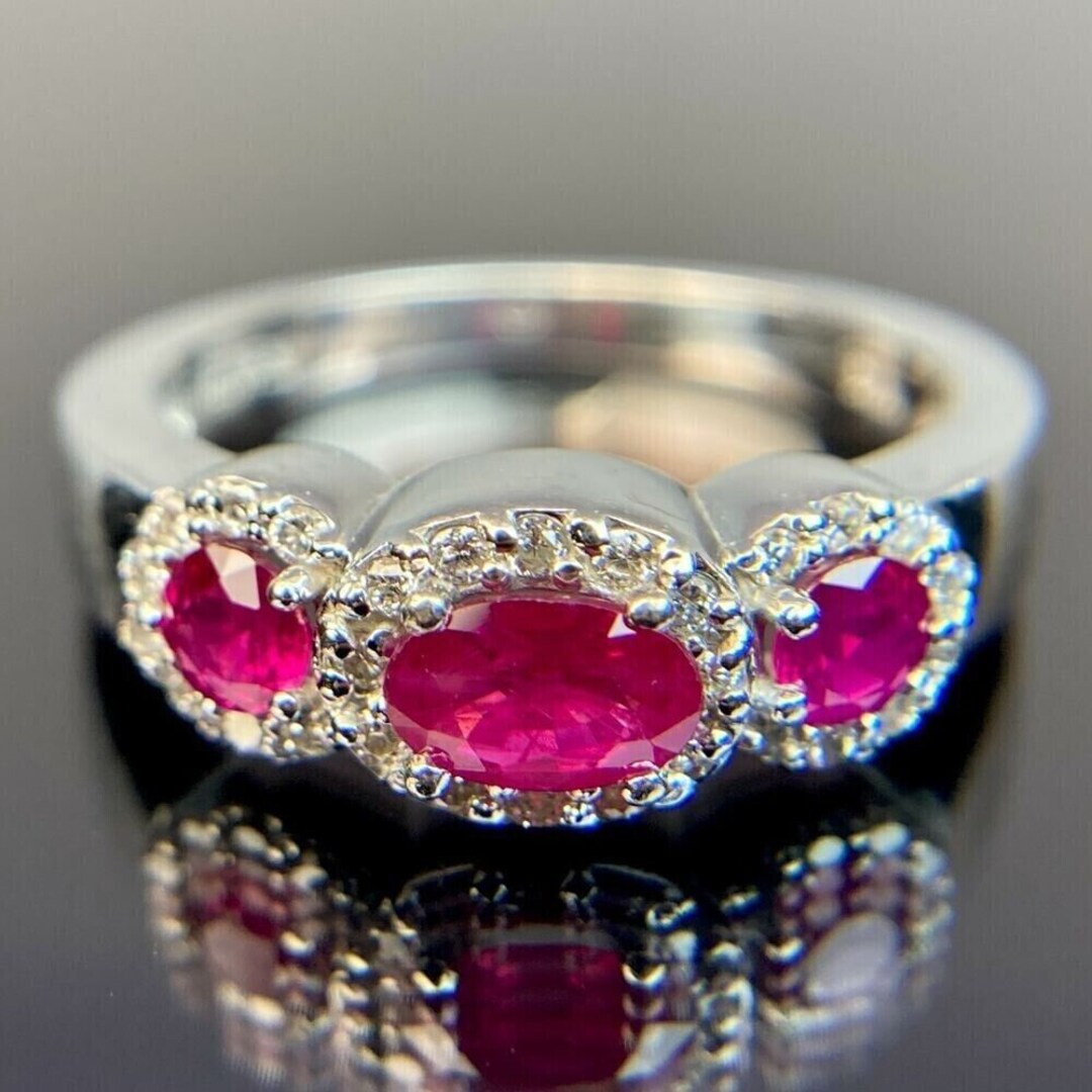 EFFY 14k Three Stone Ruby & Diamond Halo White Gold Ring Size 7 - Etsy