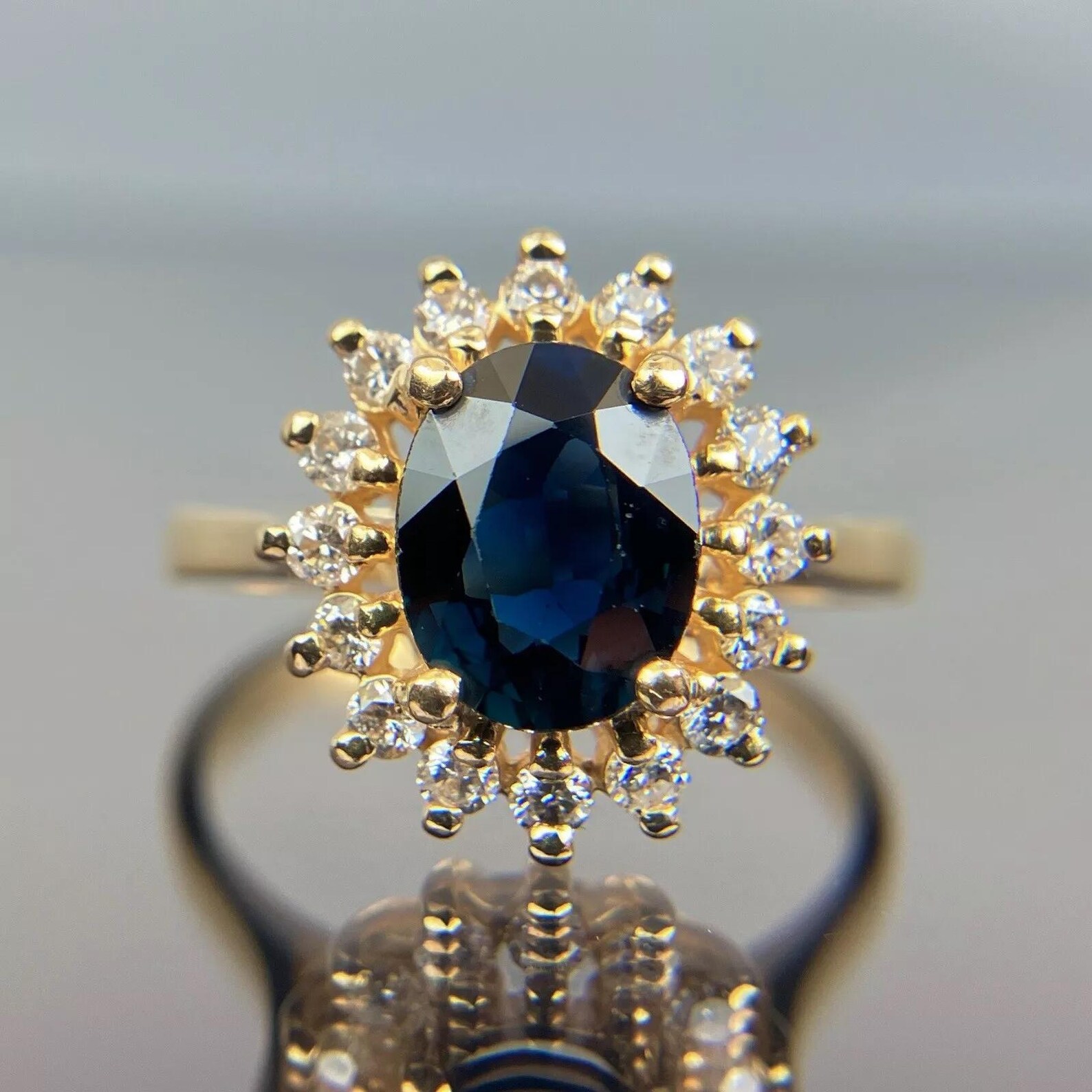 EFFY BH 14k Oval Cut Sapphire & Diamond Halo Cluster Yellow Gold Ring ...