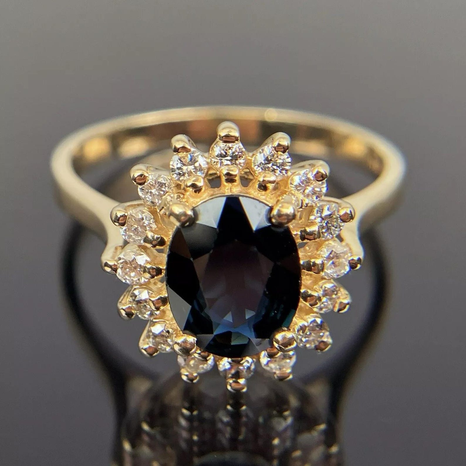 EFFY BH 14k Oval Cut Sapphire & Diamond Halo Cluster Yellow Gold Ring ...